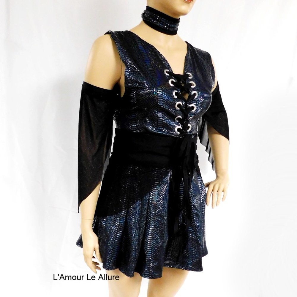 Black Holographic Snakeskin 2 Piece Dress
